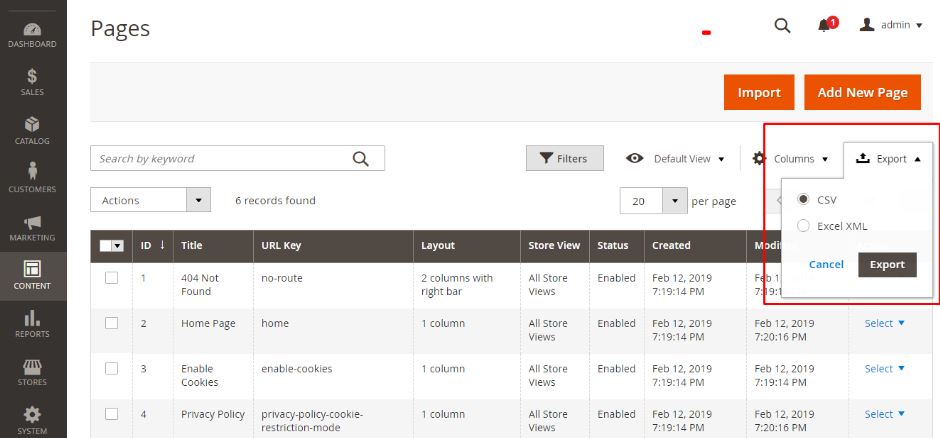 Export Cms Pages Magento